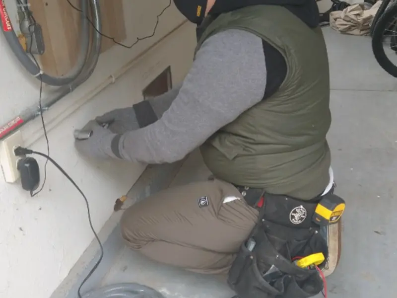 Electrician performing outlet wiring in a Prairieville garage